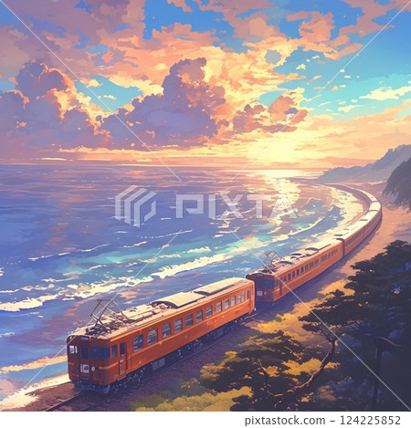 Train running along the coastline Painting Material Background 124225852