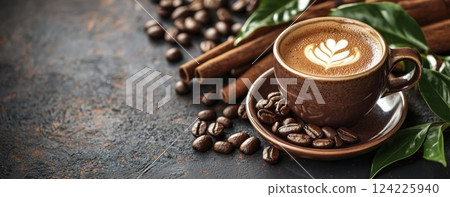 Cup of hot coffee with cinnamon sticks and roasted beans on dark textured background, copy space 124225940