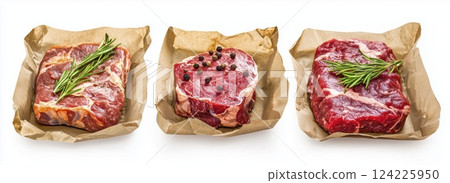 Fresh raw meat steaks with herbs and spices on paper isolated on white background 124225950
