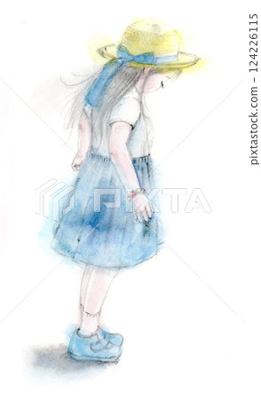 A cute girl wearing a straw hat facing backwards 124226115