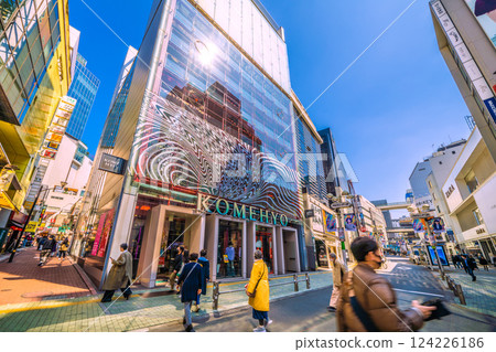 Tokyo cityscape in Japan: Shibuya, bustling with inbound tourists. Views of Inokashira Street and Spain Slope (left) 124226186