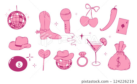 Wild west coquette y2k bachelorette cowgirl party collection, western pink rodeo doodle with retro disco elements. Hat, heart and boots. Wild west coquette y2k bachelorette cowgirl party collection, western pink rodeo doodle with retro disco elements. Hat, heart and boots. 124226219
