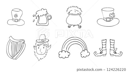 Saint Patrick Day elements decoration doodle set line traditional decorations. Rainbow, harp, coins and lucky clover icon Saint Patrick Day elements decoration doodle set line traditional decorations. Rainbow, harp, coins and lucky clover icon 124226220
