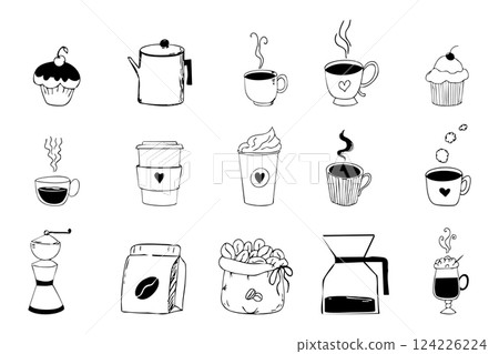 Coffee doodle set sketchy hand drawn set icon sack with coffee beans, grinder, spices, desserts, cups with steam. Morning beverage and mug take away. Line cute drawing. 124226224