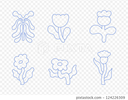Set of cartoon doodle flower in simple linear hand drawn style. Hand drawn vector illustration. 124226309