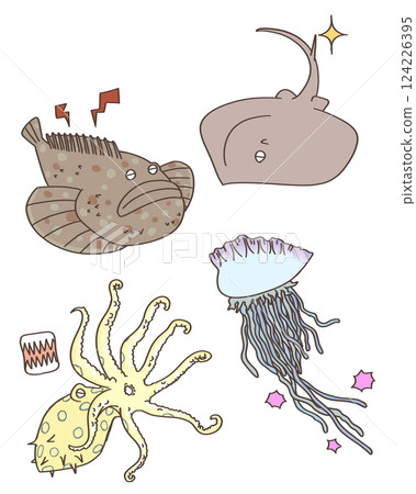危險的海洋生物（魟魚、石魚、僧帽水母、藍環章魚） 124226395