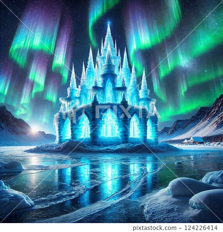 An illustration of an ice temple towering in silence and a vibrant aurora spreading across the sky 124226414
