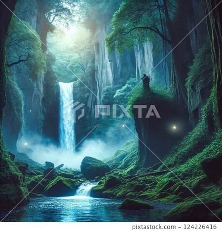 Illustration of a mysterious valley with a huge waterfall flowing quietly down 124226416
