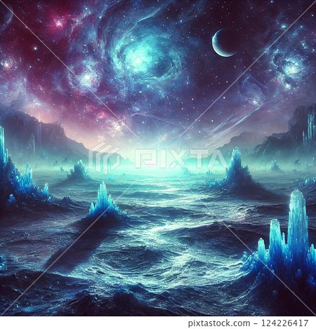 An illustration of an otherworldly landscape in which cold blue and purple light illuminates the earth. 124226417