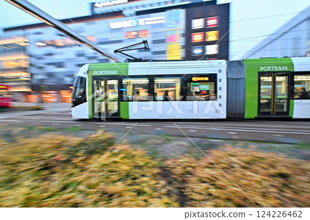 Portram tram running in front of Toyama Station Portram tram running in front of Toyama Station 124226462
