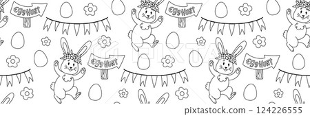 Easter rabbit seamless pattern. Festive game egg hunt. Spring background with funny bunny, wooden pointer and garland of colored flags. For wrapping paper, textiles, children room. Flat illustration. 124226555