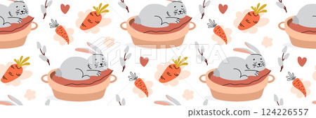 Easter rabbit seamless pattern. Festive bunny dreaming of carrots. Spring background with funny bunny. For wrapping paper, textiles, children room. Vector flat illustration. Easter rabbit seamless pattern. Festive bunny dreaming of carrots. Spring background with funny bunny. For wrapping paper, textiles, children room. Vector flat illustration. 124226557
