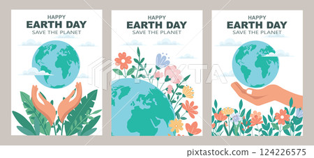 Earth day poster set with globe, hands, flowers, and the text Save the Planet. Set of banners. Illustration. Earth day poster set with globe, hands, flowers, and the text Save the Planet. Set of banners. Illustration. 124226575
