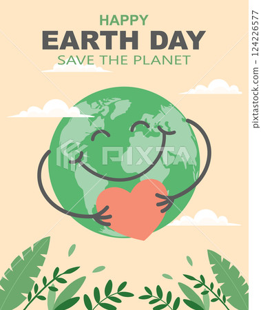 Earth Day banner. Earth Day greeting card with cute Earth holding heart. Illustration.  124226577