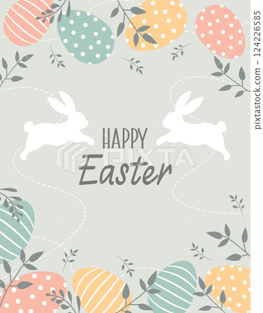 Happy Easter vertical banner with bunnies, decorated eggs and floral decorations. Festive design for spring holiday. Cute easter greeting card. 124226585
