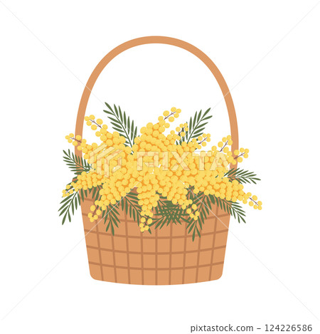 Basket with mimosa flowers. A charming basket filled with vibrant yellow mimosa flowers, a perfect spring gift. Festive spring illustration. 124226586