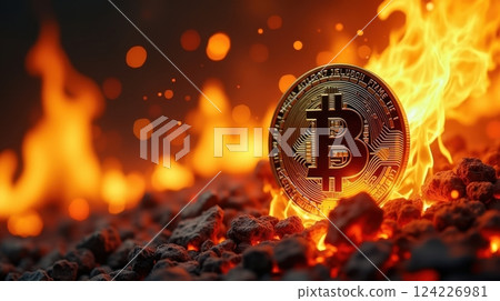 a Bitcoin coin engulfed in flames 124226981