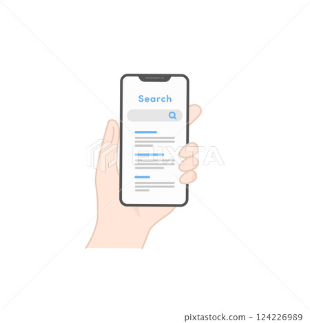 Screen showing search results on a smartphone held in hand (line drawing, flat) 124226989