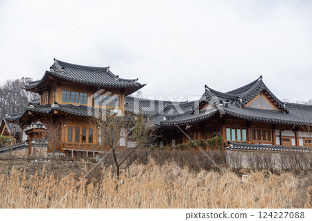 Eunpyeong Hanok Village, the largest neo-hanok residential complex in the capital area which surrounded by hills and mountains in Seoul, South Korea 124227088