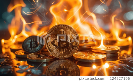 A Bitcoin coins engulfed in bright, intense flames. A Bitcoin coins engulfed in bright, intense flames. 124227196