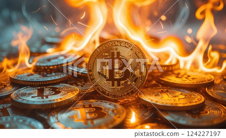 A Bitcoin coins engulfed in bright, intense flames. A Bitcoin coins engulfed in bright, intense flames. 124227197