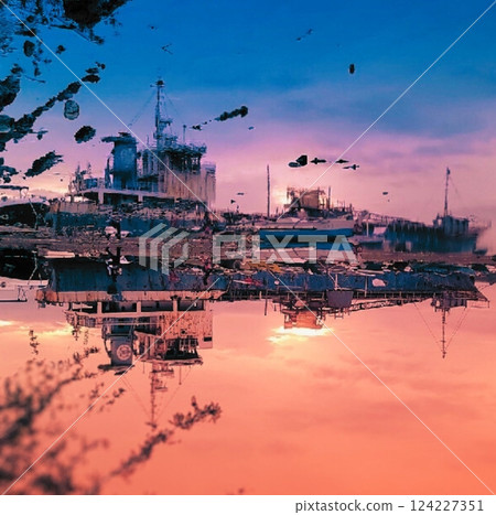 日出時，一艘擱淺的船倒映在水面上 124227351