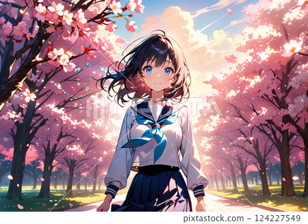 High school girls happily walking along the cherry blossom-lined street 124227549
