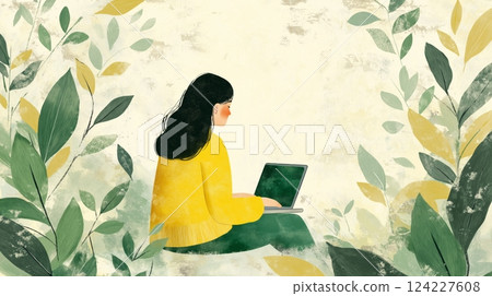 Woman in yellow sweater working on laptop outdoors, surrounded by nature 124227608