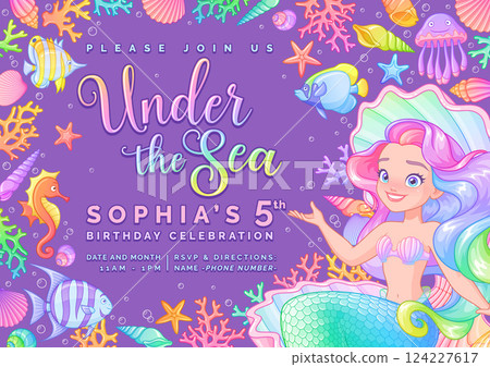 Birthday party invitation with a cute mermaid. Vector template on purple background. Birthday party invitation with a cute mermaid. Vector template on purple background. 124227617