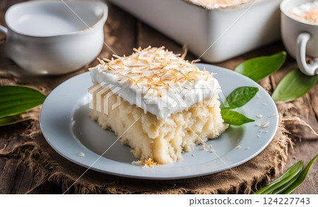 Coconut Tres Leches Cake is a moist, rich dessert soaked in three kinds of milk, infused with coconut flavor and topped with whipped cream and toasted coconut. AI Generated 124227743