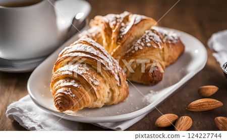 Almond Croissants are classic French pastries filled with almond cream, topped with shaved almonds and icing, served with hot coffee for a delightful treat. AI Generated 124227744