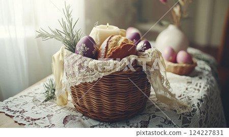 Cozy rustic Easter. Wicker basket with Easter eggs, fresh bread, candle with lace napkin on table.  124227831