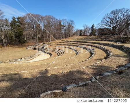 Ancient Stone Amphitheater Surrounded by Winter Trees in Sunlight 124227905
