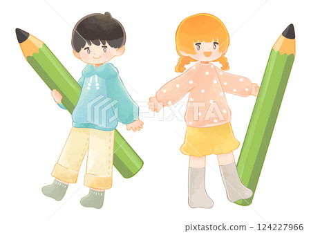 學習拿著大鉛筆的孩子的圖像插圖 124227966