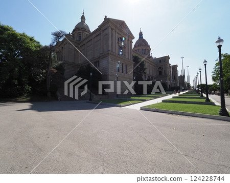 Frontage with National Palace in Barcelona city in Spain 124228744