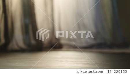 low angle shot of interior with day light and curtains moved by a wind low angle shot of interior with day light and curtains moved by a wind 124229160