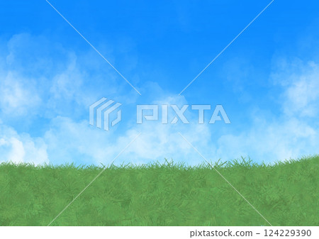 薄雲、藍天和草地的明亮背景插圖 薄雲、藍天和草地的明亮背景插圖 124229390