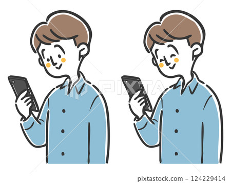 操作智慧型手機的年輕人，上身，向量圖 124229414