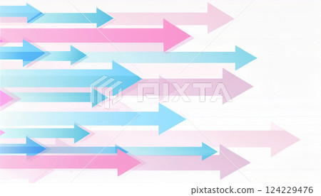 許多淺藍色和粉紅色的箭頭，白色背景 124229476