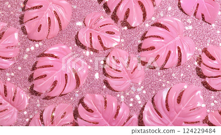 Pink monstera leaves and glitter background 124229484