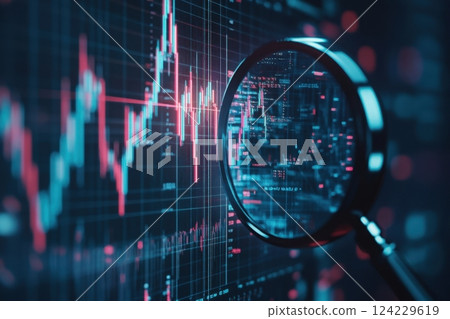 Magnifying glass exploring financial data on digital screen 124229619