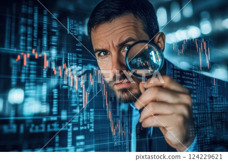 Businessman examining stock market data with magnifying glass 124229621