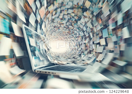 Laptop showing open windows creating tunnel of information 124229648