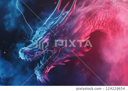 Cyberpunk dragon emerging from neon smoke and embracing futuristic style 124229654