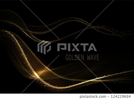 Isolated element, wavy illustration of golden color with sparkling tinsel on black background Isolated element, wavy illustration of golden color with sparkling tinsel on black background 124229684