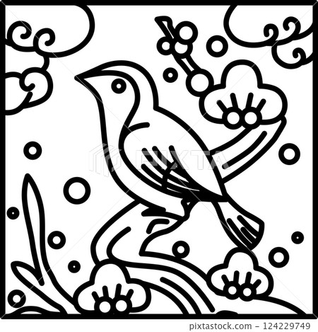 Line drawing square simple Hanafuda - Nightingale, Kisaragi, Plum, February, Plum and Nightingale 124229749