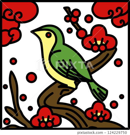 Color square simple Hanafuda card - Nightingale, Kisaragi, Plum, February, Plum and Nightingale 124229750