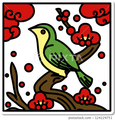 Sticker-style square simple Hanafuda - Nightingale, Kisaragi, Plum, February, Plum and Nightingale 124229751