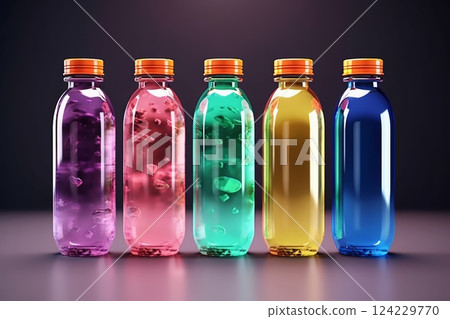 Colorful five plastic or glass bottles with drink. Generated AI Colorful five plastic or glass bottles with drink. Generated AI 124229770