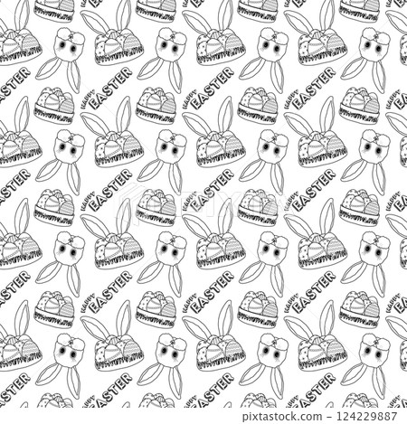 Monochrome seamless pattern with Easter bunnies, Easter eggs baskets, and - Happy Easter - text. Ideal for kids coloring page, wrapping paper and holiday activities. 124229887